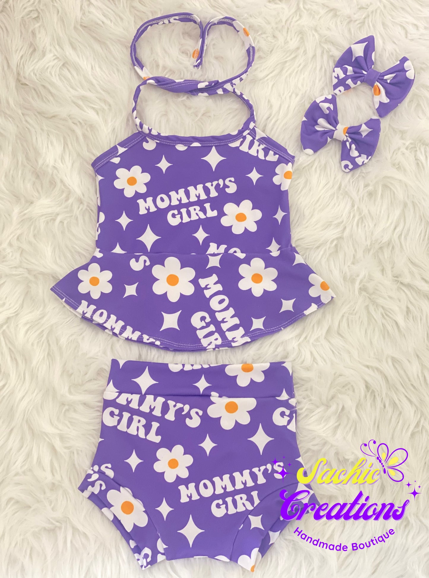 Mommy's Girl Peplum Halter & Bummies Set with Bows (Purple)